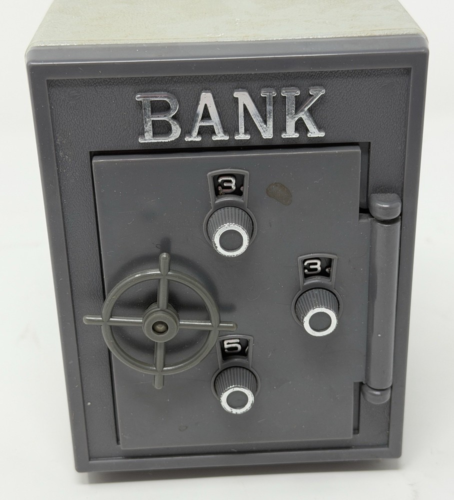 VTG Plastic Combination Lock Bank Safe Coin Bank Gray Toy Bank