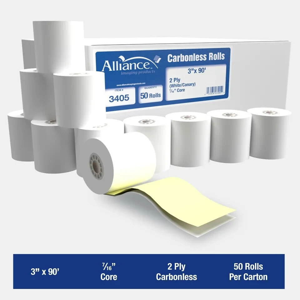Alliance 2 Ply Carbonless Receipt Rolls 3″ x 90′ 2-Ply White/Canary 50 Rolls
