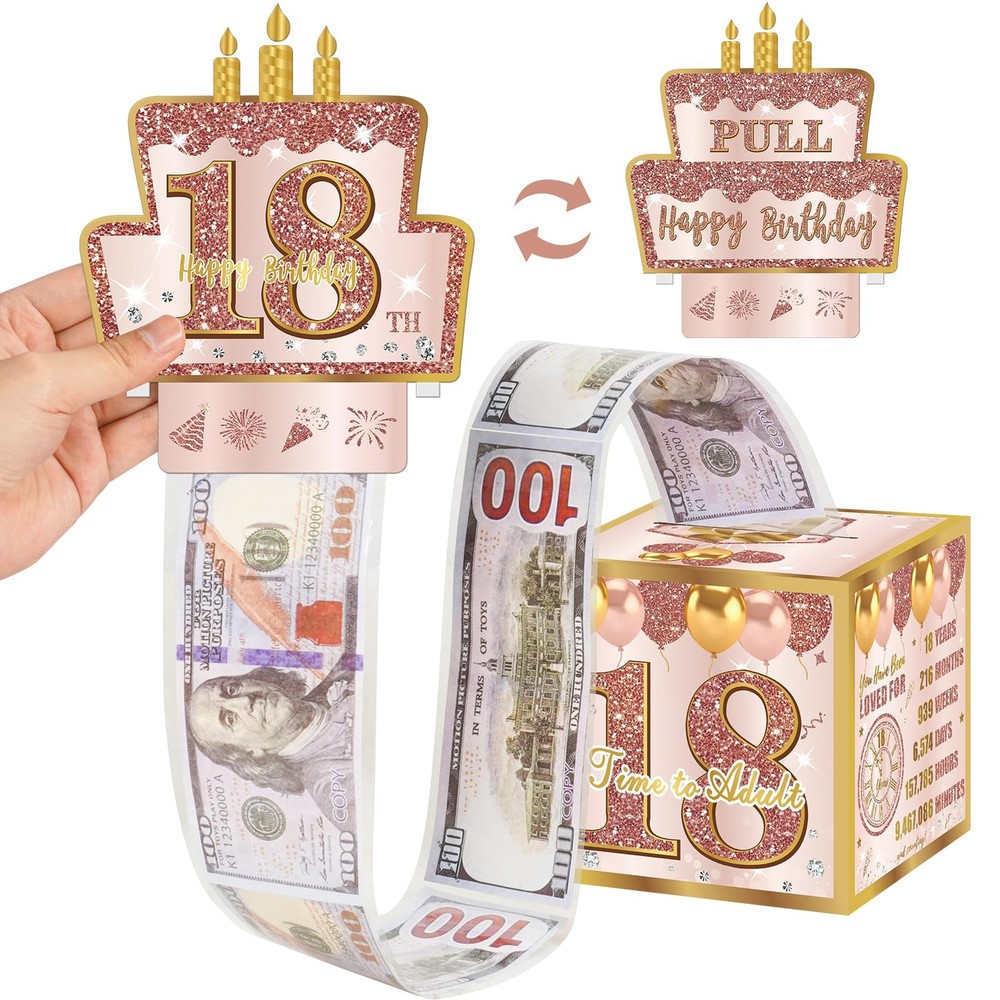 18th Birthday Pull-Out Money Gift Box for Girls Pink Rose Gold Cash Present