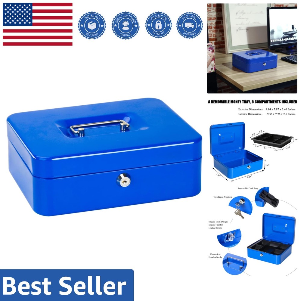 Multi-Compartment Cash Box with Key Lock – Stylish Blue Money Saving Box 9.84”