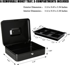 Large Cash Box with Key Lock – Durable Metal Cash Box with Money Tray, 11.81 …