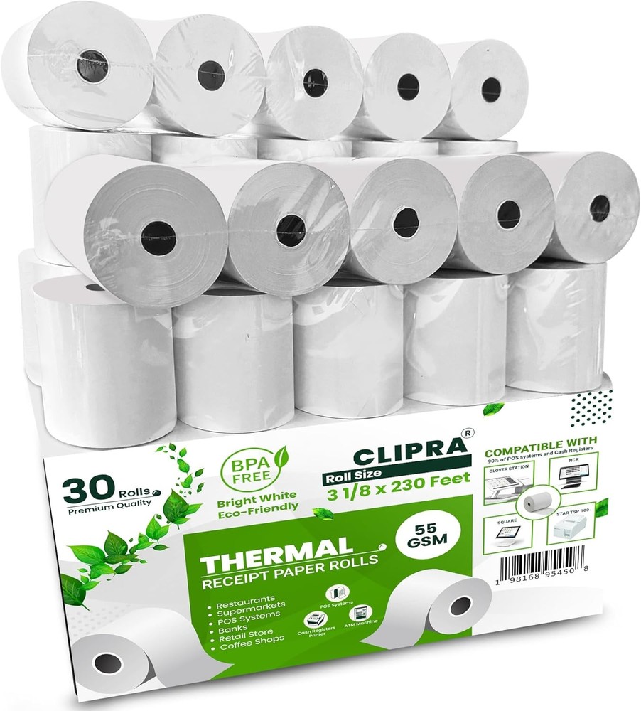 3 1/8 x 230ft Thermal Paper Receipt Rolls (30 PACK) 55 GSM – Compatible with ALL