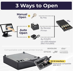 13″ POS Cash Drawer, 4 Bill 5 Coin Tray, RJ11/RJ12, Key Lock, Black
