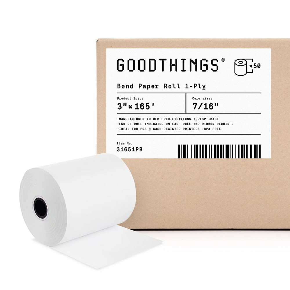 3″ x 165′ 1-Ply Bond (50 Rolls) Paper Roll for POS Calculators Kitchen Printer