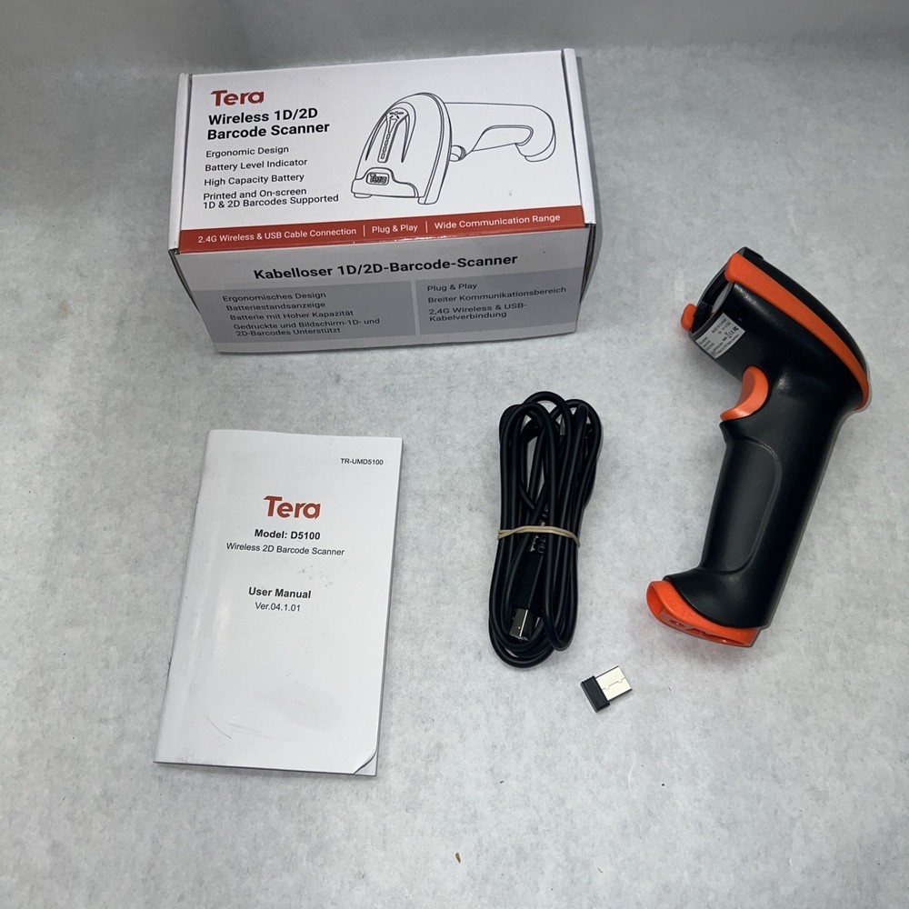 TERA 5100 1D Laser Barcode Scanner 2.4G Wireless USB Wired Orange