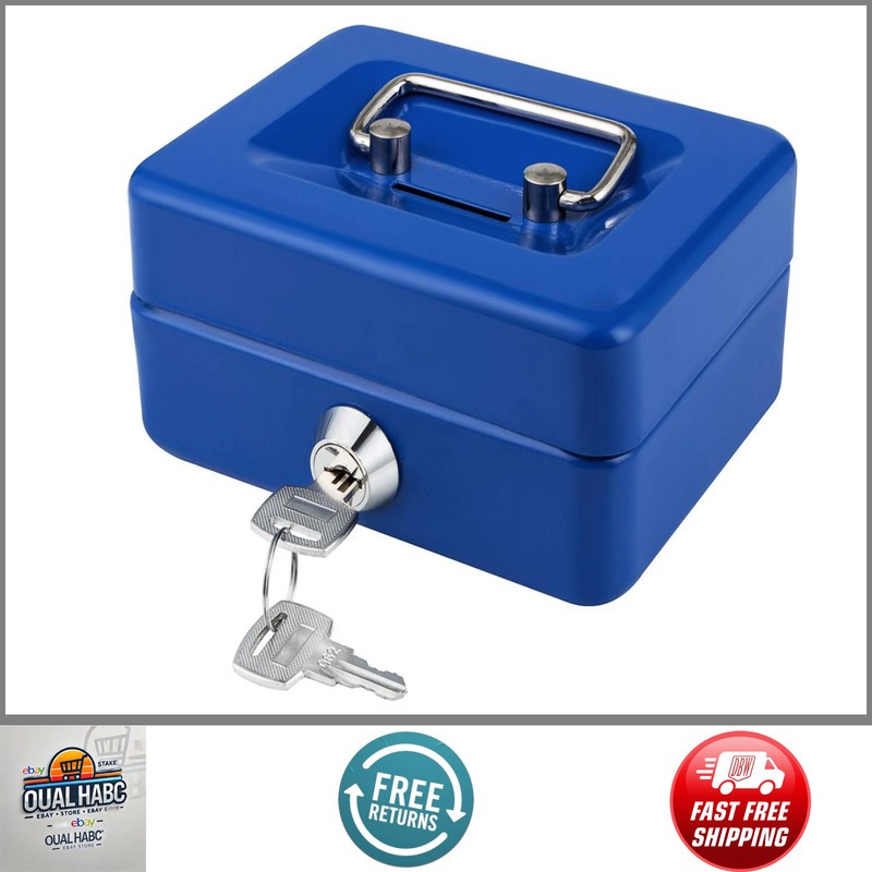Mini Cash Box with Lock &Slot 4.9″x3.7″x2.4″ Blue Metal Safe Box with Money Tray