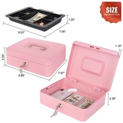 Pink Cash Box With Money Tray And Lock Metal Lock Box For Cash 9.84×7.87 In