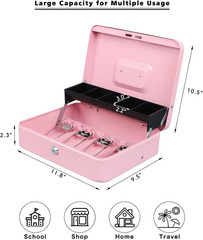 Cash Box with Money Tray Key Lock Tiered Cantilever 11.8 x 9.5 x 3.5 Pink