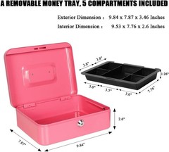 Durable Pink Money Saving Box with Key Lock and Removable Tray – 9.84” x 7.87”