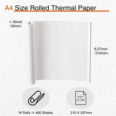16 Rolls Thermal Paper A4 Printing, Quick Dry Inkless Printer 8.27x276in Kit