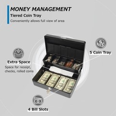 Lockable Cash Box with Coin Tray – Durable Metal Money Organizer for Bills & Cha
