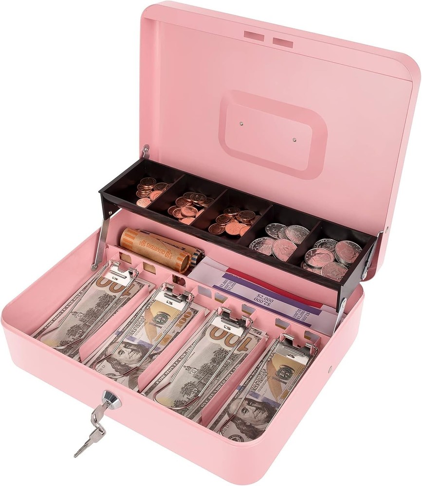 Large Pink Cash Box w/ Lock Key & Money Tray for Cash Register, Event Money Safe