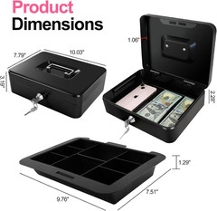 10″ Cash Box with Money Tray, Black, Large | Metal Money Safe Lock Box, Key Lock