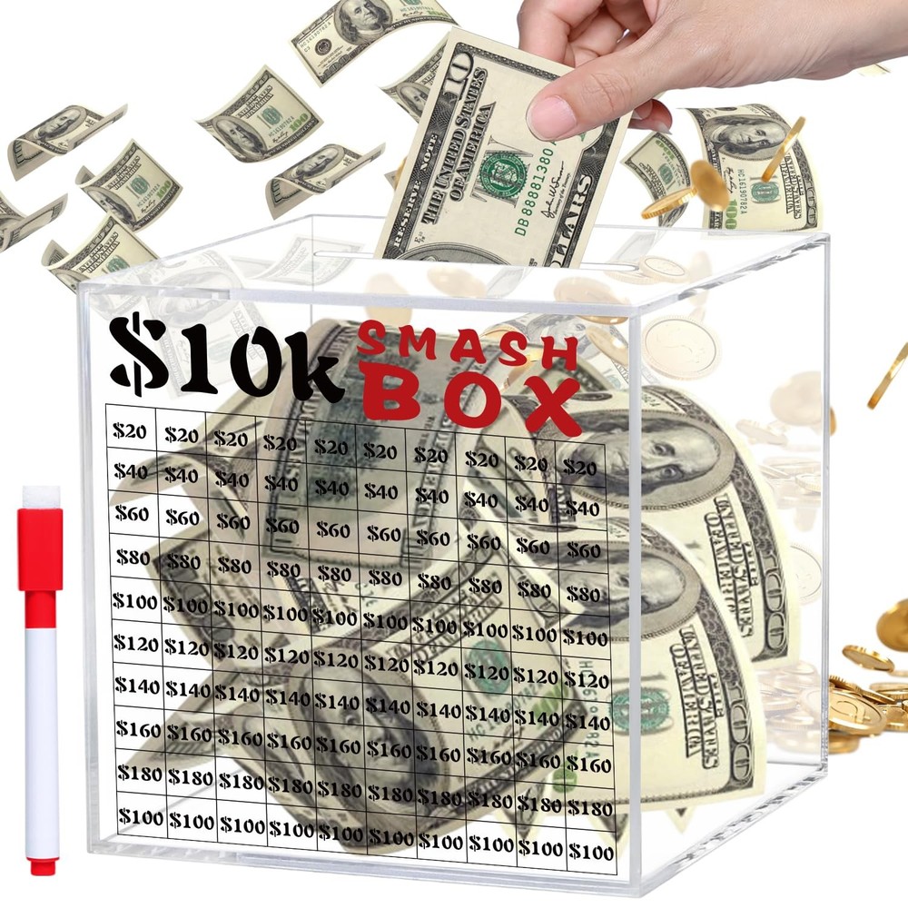 10k Smash Box for Money, Unbreakable Piggy Bank for Adults Save $10,000 Money…