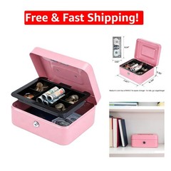 Compact Pink Cash Lock Box with Key, Double Layer for Coins & Cash Storage