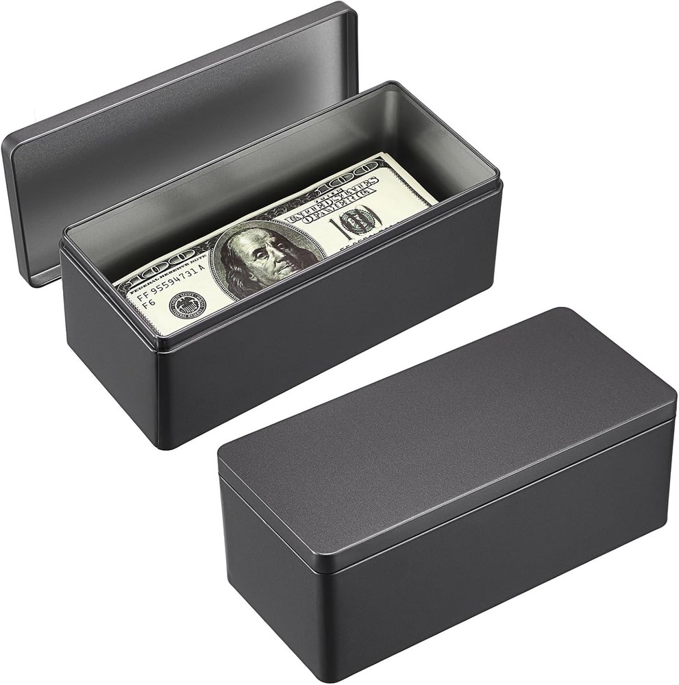 2 Packs Black Metal Cash Box Rectangular Money Organizer with Lid Currency Stora