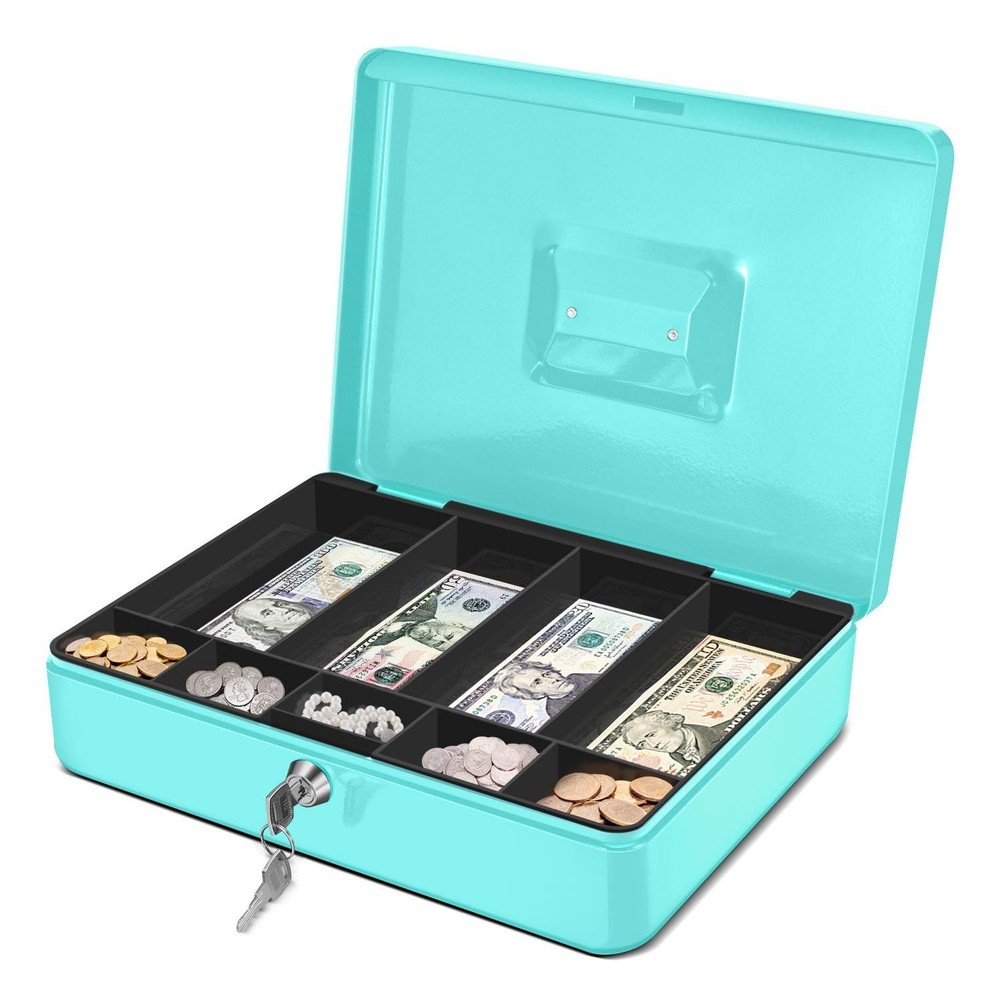 Cash Box Money Tray Lock Metal 9-Compartment Blue Removable Key Portable Storage