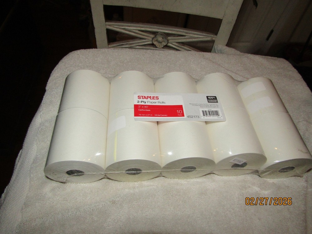 Stamples 10 Rolls 2-Ply 3″ x 90′ Carbonless POS Paper Rolls White/Canary 452713