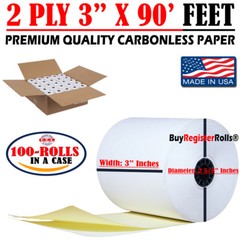 3″ 2 PLY X 90′ FT 100 Carbonless White/Canary Paper Rolls, SAME DAY SHIPPING