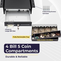 Cash Register Drawer Black 13″ 4 Bill 5 Coin Tray Key-Lock 12-24V RJ11/RJ12