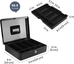 Metal Cash Box with Lock and Removable 9-Compartment Money Tray Black