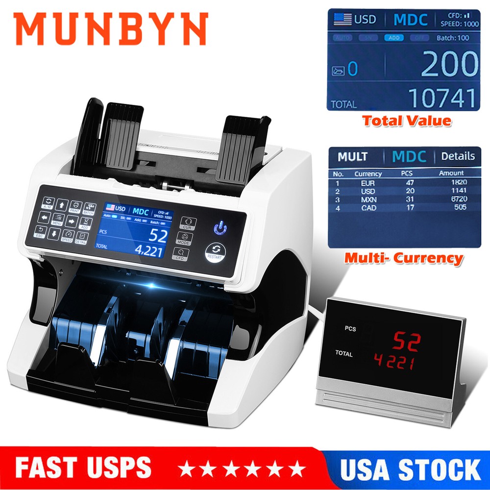MUNBYN Bank Money Counter Mixed denomination Counterfeit Detection Bill Counter
