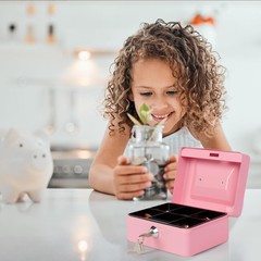 Small Cash Box Money Tray Lock Key Petty Metal Bank 5.9×4.7×3.1 Inch Pink