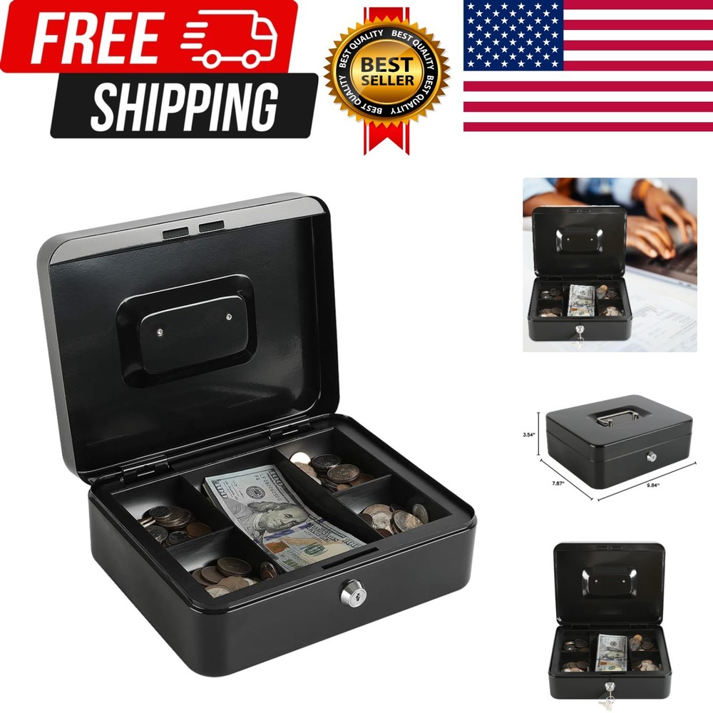 Locking Steel Large Cash Box with Removable Coin Tray and Key Lock,9.84″x 7.8…