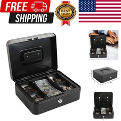 Locking Steel Large Cash Box with Removable Coin Tray and Key Lock,9.84″x 7.8…