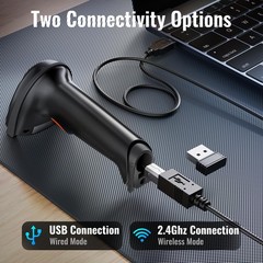 Tera Barcode Scanner Wireless Versatile 2-in-1 (2.4Ghz 1D Black, Black