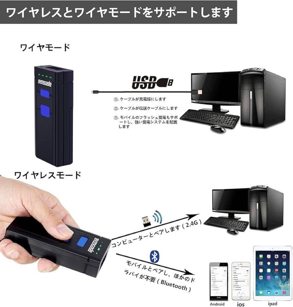 Symcode Wireless Barcode Reader 16M Storage Bluetooth USB Android iOS PC