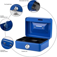 Mini Cash Box with Lock &Slot 4.9″x3.7″x2.4″ Blue Metal Safe Box with Money Tray