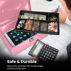 Cash Box with Money Tray and Lock – Pink Cash Storage with Latch Lock & Key
