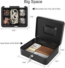 Cash Box with Lock and Money Tray Metal Money Box Large Cash Lock Box for Mon…