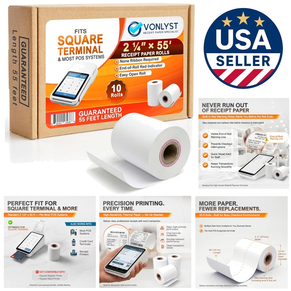 High-Quality BPA-Free 10 Pack of Square Terminal Paper Rolls – 2 1/4″ x 55′