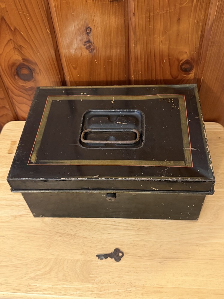Antique METAL BOX BLACK GOLD DOCUMENT BOX Lock with key