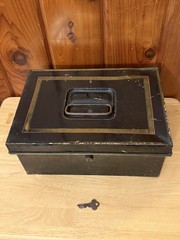 Antique METAL BOX BLACK GOLD DOCUMENT BOX Lock with key