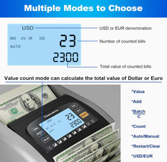 Money Counter for Dollar, Euro, MXN w/ UV/MG/IR Counterfeit Detection LCD Screen