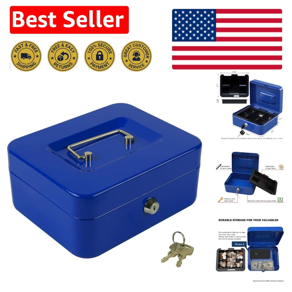 Blue Medium Cash Box with Key and Dual Storage Layers – Security for Valuables