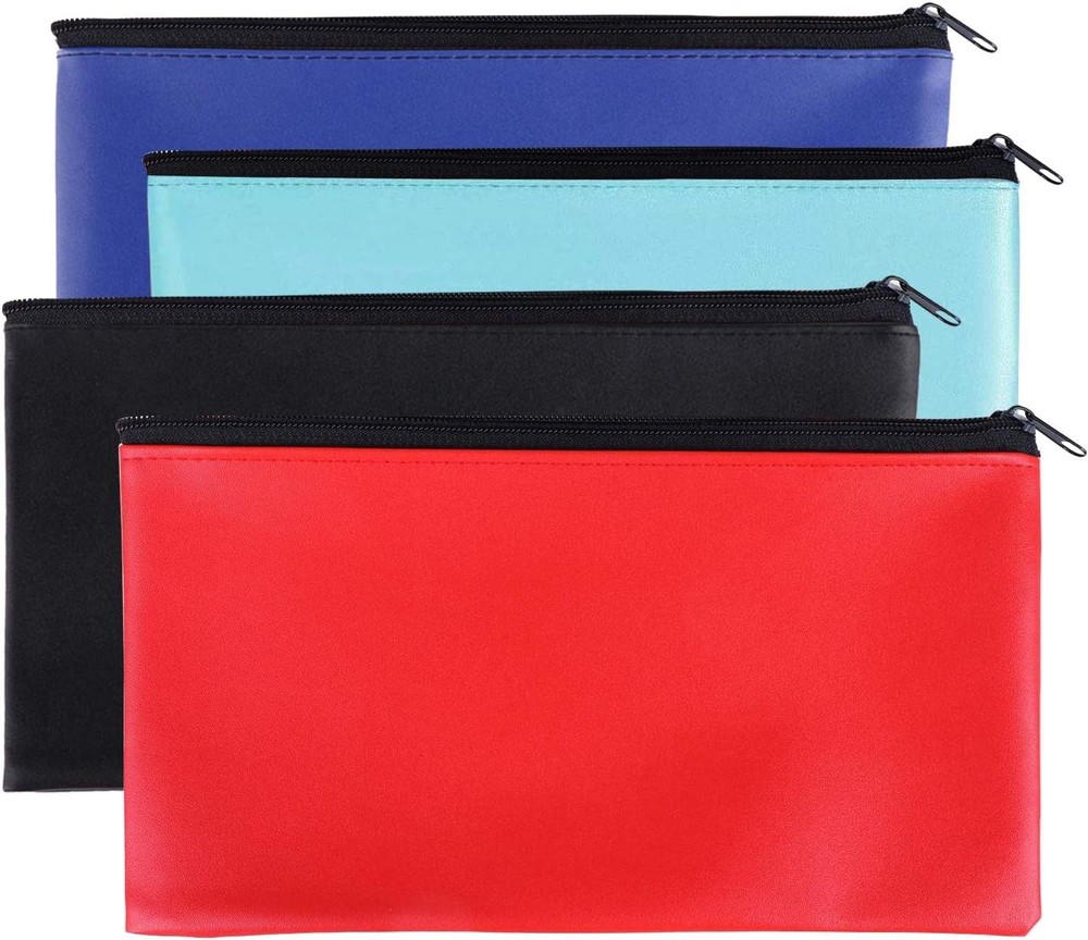 Zipper Bank Bags, 4 Pack Money Pouch PU Leather Cash and Coin Large, Colorful