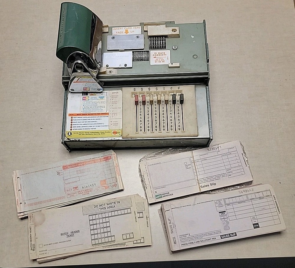 VTG FARRINGTON USA Credit Card Machine Slider w. Carbon Copy Sales Slips WORKS