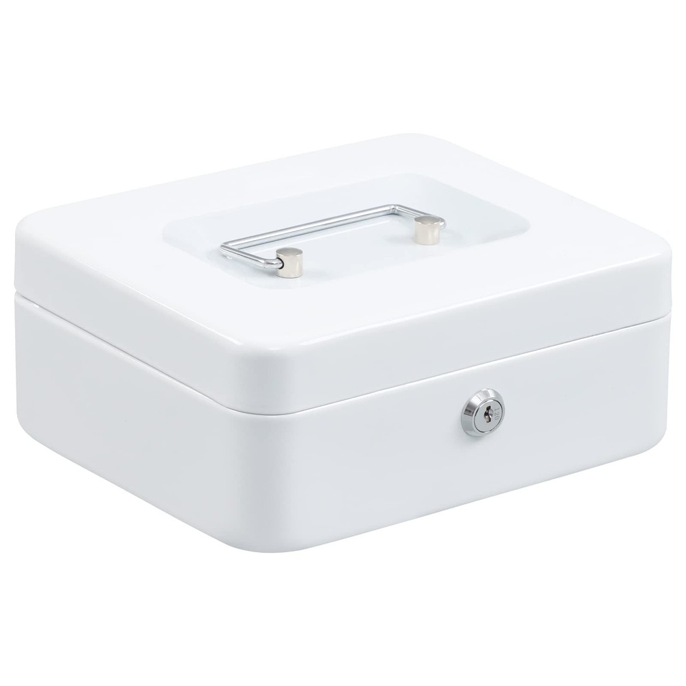 7.87×6.30×3.54 Inch White Locking Steel Medium Cash Box with Removable Coin Tray