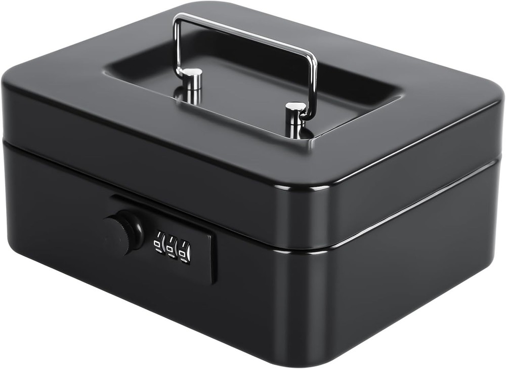 Medium Cash Box with Combination Lock Safe Metal Money Box with Money Tray Black