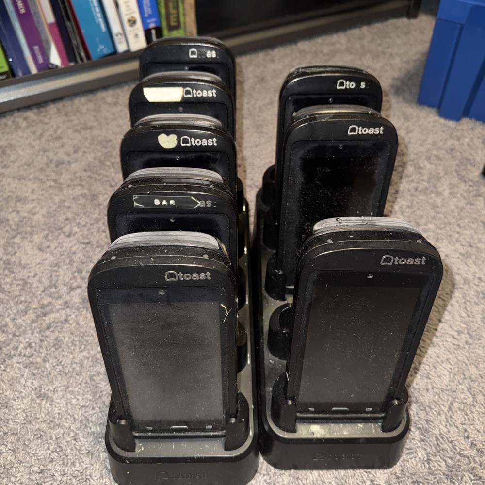 8 Untested/AS-IS Toast GO 1 (TG100) Handhelds W/2 Charging Bases Need PowerCords