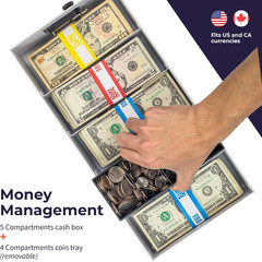 Cash Box Money Organizer, 15×7.5×4 Inches, 5 Compartments, Coin Tray