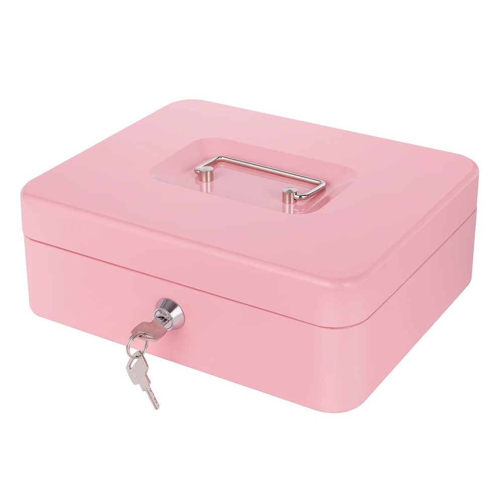 Pink Cash Box With Money Tray And Lock Metal Lock Box For Cash 9.84×7.87 In