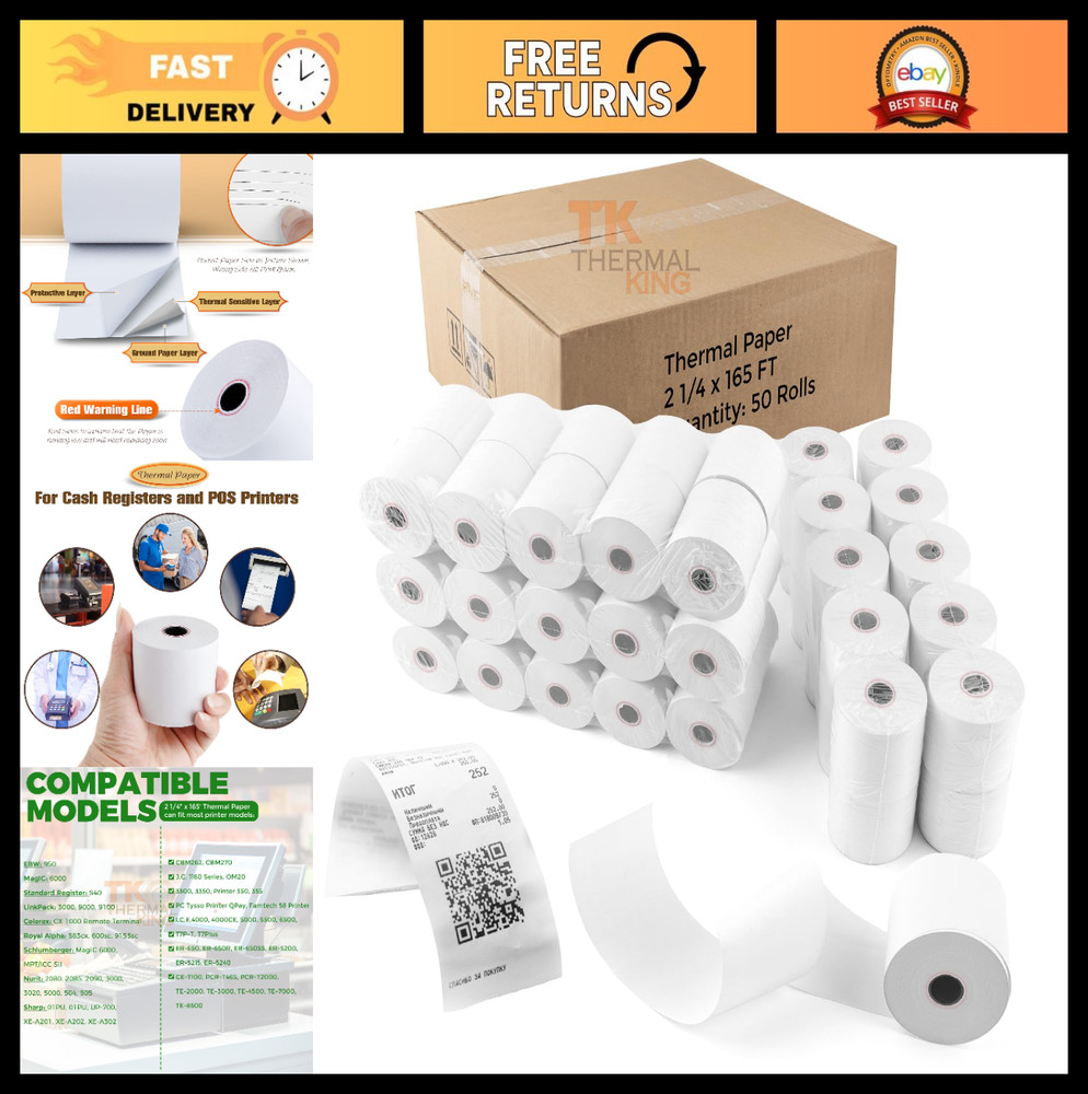 50 Rolls Thermal Paper 2 1/4″ x 165′ POS Receipt Paper for Cash Registers & Term