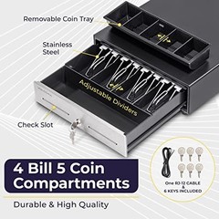 13″ Cash Register Drawer for POS System – 4 Bill 5 Coin Tray, Key-Lock, Removabl