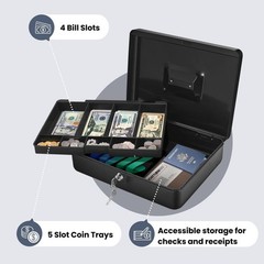 Cash Box Metal with Lock 9-Compartment Money Tray Removable Key Portable