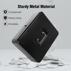 XL Black Cash Box, 11.8×9.45×3.54, Key Lock, 4 Keys, Money Tray, Metal